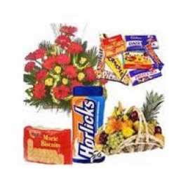 Jumbo Get Well Hamper - Flowers, Chocolates, Fruits, Horlicks